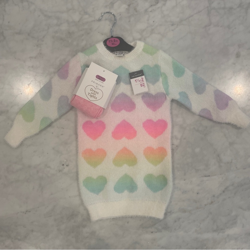 Kid’s/Girl’s Rainbow Heart Sweater Dress with Tights